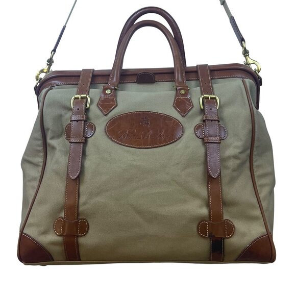 Brooks Brothers Mens Grey & Brown Canvas Leather With Shoulder Strap Travel Bag - Picture 1 of 13